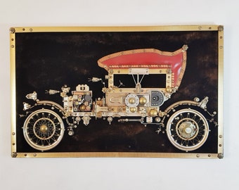 Vintage Car Painting: 70s Steampunk Brass Frame on Velvet