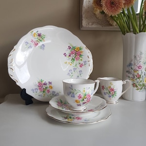 Vintage Queen Anne Porcelain Tea Trio – English Tête-à-Tête Set with Cake Plate & Milk Jug