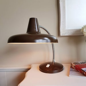 Vintage Brown Industrial Desk Lamp – 60s Gooseneck Saucer Shade, Mid-Century Lighting