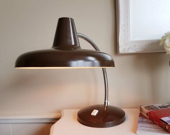 Vintage Brown Industrial Desk Lamp – 60s Gooseneck Saucer Shade, Mid-Century Lighting