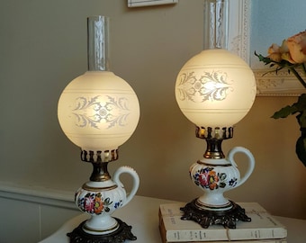 Vintage Dutch Oil Lamps: Frosted Floral Globes, Brass Base - Pair
