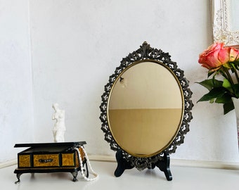 Vintage French Brass Wall Mirror – Art Nouveau Decor Accent with Patina, Ready to Hang
