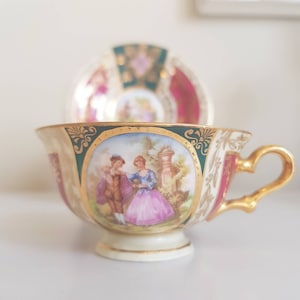 Vintage JKW Carlsbad Demitasse Cup & Saucer – Fragonard Scene, Royal Vienna Style Porcelain