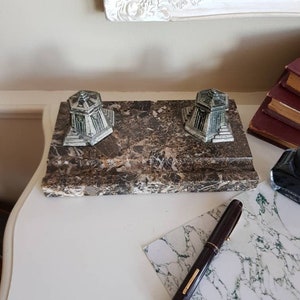 Vintage Art Deco Marble Inkwell Stand – French Desk Decor with Double Inkwells & Pen Holder