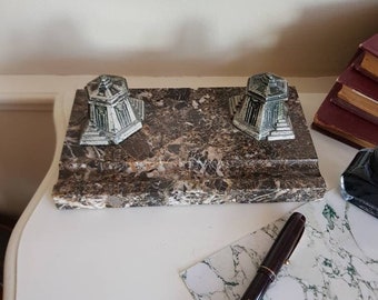 Vintage art-deco marmeren inktpothouder – Frans bureaudecor met dubbele inktpotten en pennenhouder
