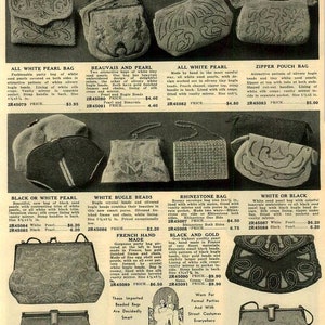 May include: A selection of vintage beaded bags, including pouches and envelope designs. Features include white seed pearls, bugle beads, and rhinestone details. Some bags have vanity mirrors and silk linings. Sizes vary, with some measuring approximately 13.3 x 9.5 cm.
