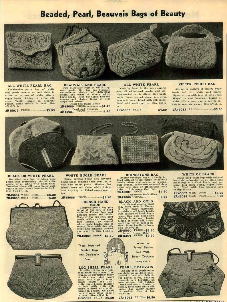 May include: A selection of vintage beaded bags, including pouches and envelope designs. Features include white seed pearls, bugle beads, and rhinestone details. Some bags have vanity mirrors and silk linings. Sizes vary, with some measuring approximately 13.3 x 9.5 cm.