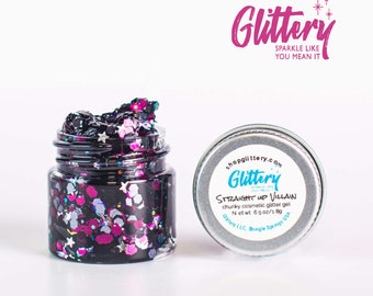 Straight Up Villain - Glittery -Chunky Glitter Gel- Festival glitter .65 oz | Body Safe | No Adhesive| Vegan Halloween, Cheer, Costume,