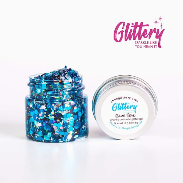 Blue Jean - Blauw en zilver Glitter Gel-Festival glitter| festivallook | dansmake-up | Cheer make-up | Dikke glitter. Kostuum/Halloween