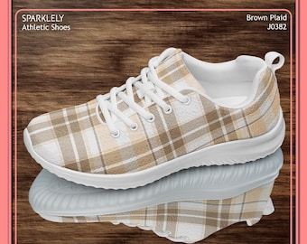 Brown Plaid Womens Gym/Sports Shoes, Breathable, Summer Casual Sneakers, Lace Up Fitness Trainers, Walking Footwear | SPARKLELY J0382