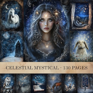 May include: A digital art print featuring a celestial and mystical theme. The artwork includes a central portrait of a woman with starry accents, surrounded by other mystical images such as a white horse, a rabbit, and a dragon. The text "CELESTIAL MYSTICAL - 130 PAGES" is displayed.