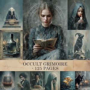 Könnte beinhalten: Digitale Kunstcollage mit einer Frau, die ein Buch liest, umgeben von okkulten Bildern. Enthält eine Motte, einen schwarzen Ziegenbock, eine schwarze Katze, eine Flasche und andere mystische Elemente. Der Text "OCCULT GRIMOIRE - 125 PAGES" wird angezeigt.