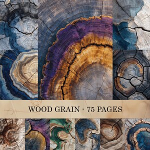 May include: A collage of wood grain textures in various colors, including blue, purple, and brown. The image features cross-sections of trees, showcasing the intricate patterns of the wood. Text at the bottom reads "WOOD GRAIN - 75 PAGES."