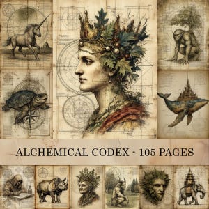 May include: A series of vintage illustrations depicting mythical creatures, architectural designs, and botanical elements. The central image is a profile of a woman wearing a crown. The text "ALCHEMICAL CODEX - 105 PAGES" is displayed.