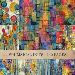 May include: A 140-page book titled WHIMSICAL DOTS featuring a collage of colorful abstract art. The cover displays various patterns including circular motifs, grid-like blocks, and vertical lines in vibrant shades of blue, yellow, red, and purple.