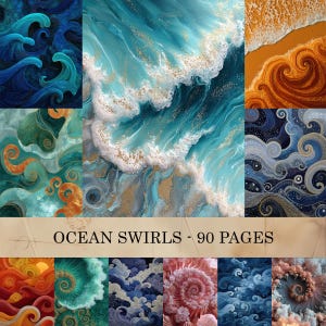 May include: A collection of digital art prints featuring ocean-themed swirls in various colors. The prints showcase swirling waves in shades of blue, teal, and gold, with some featuring sandy beaches and foamy white water. The text "OCEAN SWIRLS - 90 PAGES" is displayed.