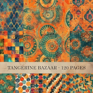 May include: A collage of patterned digital papers in shades of orange, teal, and blue. The designs include geometric shapes, floral motifs, and mandala-style patterns. The text "TANGERINE BAZAAR - 120 PAGES" is displayed across the center of the image.