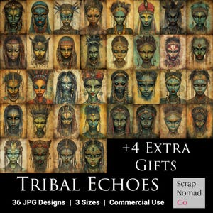 Tribal Echoes Paper Kit – 36 African-Inspired Women Portraits, Indigenous and Ancestral Digital Art in 3 Sizes, Junk Journals