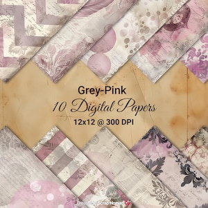 May include: Ten digital papers in a grey and pink color scheme. The papers feature various patterns including floral, geometric, and handwritten text. The papers are 12x12 inches at 300 DPI.  Grey-Pink 10 Digital Papers 12x12 @ 300 DPI Created by Scrap Nomad.
