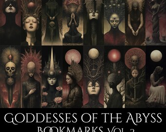 Puede incluir: Un conjunto de 16 marcadores digitales con ilustraciones oscuras de inspiración gótica de mujeres con intrincados tocados e imágenes celestiales. Los marcadores se titulan "Goddesses of the Abyss, Bookmarks Vol. 2".