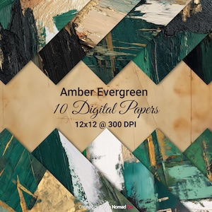 Puede incluir: Paquete de papel digital "Amber Evergreen" con arte abstracto en tonos verdes, dorados y beige. El paquete incluye 10 papeles digitales, cada uno de 30,48 x 30,48 cm a 300 DPI. El diseño tiene una apariencia texturizada y pintada.