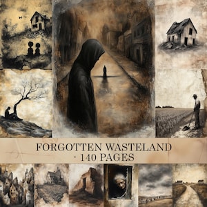 Op de afbeelding: Een verzameling sepia-getinte kunstdrukken die een desolate, post-apocalyptische thema uitbeelden. Het kunstwerk bevat figuren in capuchons, verlaten gebouwen en eenzame figuren in velden. De tekst "FORGOTTEN WASTELAND - 140 PAGES" wordt weergegeven.