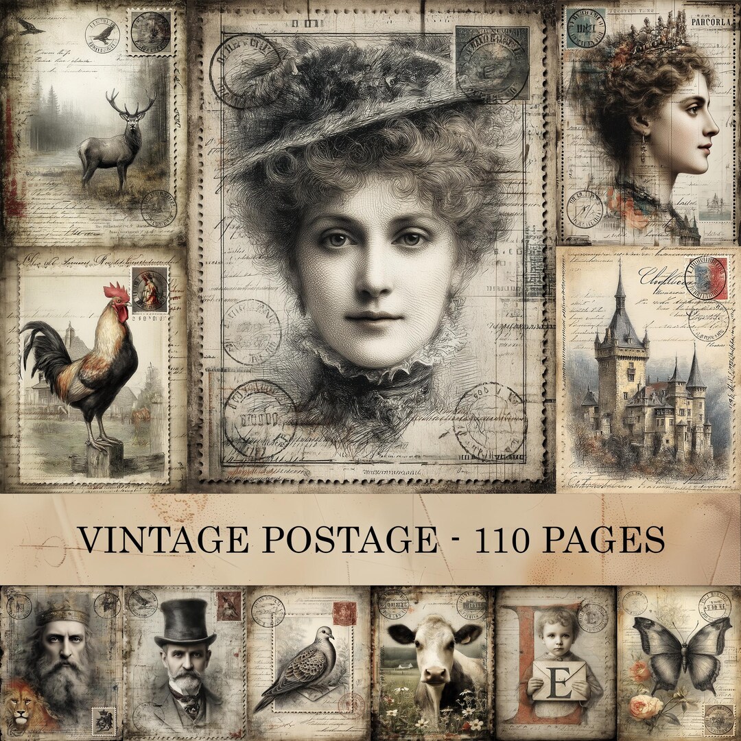 Vintage Postage Digital Paper Pack, Victorian Stamp Collage Journal ...