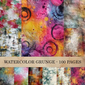May include: A collection of watercolor grunge textures in various colors, including pink, yellow, and blue. The image features abstract designs with splatters, circles, and textured paper effects. The text "WATERCOLOR GRUNGE - 100 PAGES" is displayed across the image.