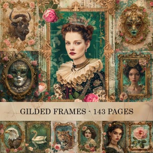 May include: A collage of vintage-style images within ornate gold frames. The images include portraits, animal illustrations, and a masquerade mask. The text "GILDED FRAMES - 143 PAGES" is displayed across the bottom of the image.