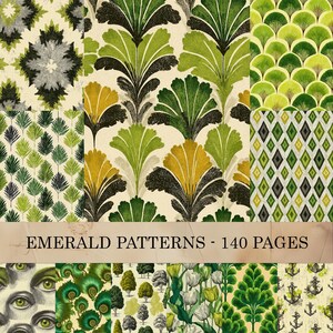 May include: A selection of emerald green patterns with diverse designs, including floral, geometric, and abstract motifs. The patterns feature shades of green, yellow, and black on a cream background. The text "EMERALD PATTERNS - 140 PAGES" is displayed.