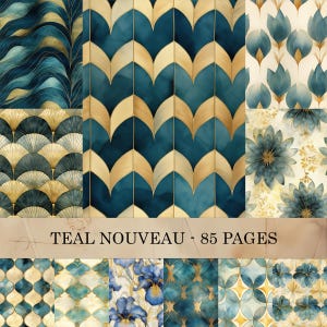 Teal Nouveau Digital Paper Pack, Peacock Gold Art Nouveau Journal, Teal Deco Damask Scrapbook Pages, Iris Fan Tile Watercolor Art Sheets