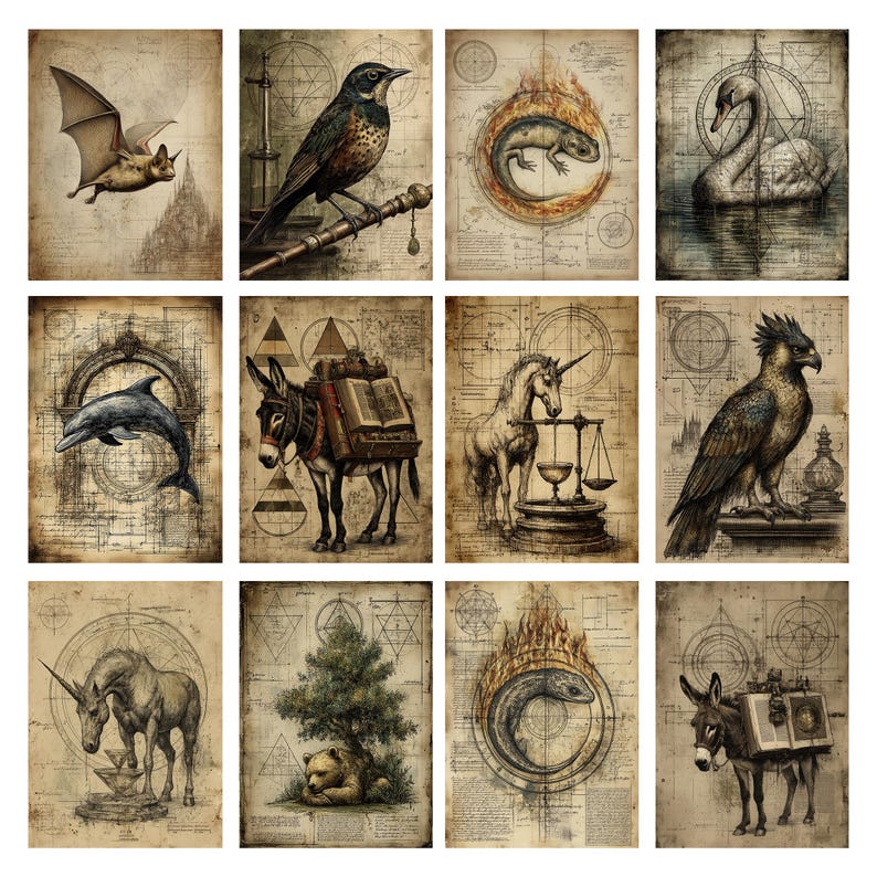 Alchemical Bestiary Digital Paper Pack,medieval Manuscript Creature ...