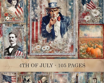 4th of July Digital Paper Pack,Patriotic Vintage Collage Journal Pages,American Flag Scrapbook Backgrounds,Red White Blue Glitter Art Sheets