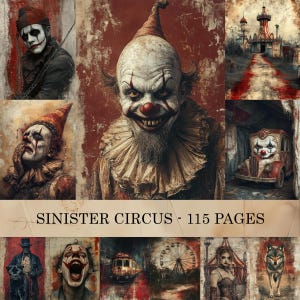 Op de afbeelding: Een collage van afbeeldingen met een sinister circusthema. De afbeeldingen bevatten portretten van clowns met dreigende uitdrukkingen, een oldtimer met een clowngezicht en een reuzenrad. De tekst "SINISTER CIRCUS - 115 PAGES" wordt weergegeven.