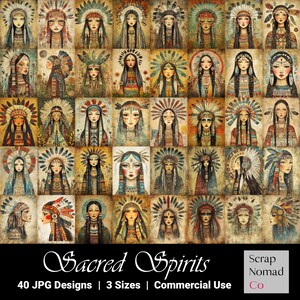 Puede incluir: Un collage digital de 40 ilustraciones coloridas de mujeres nativas americanas con tocados tradicionales. Las imágenes están dispuestas en una cuadrícula y presentan una variedad de colores, patrones y estilos. El texto "Sacred Spirits" se muestra en la parte inferior de la imagen, junto con las palabras "40 JPG Designs | 3 Sizes | Commercial Use".