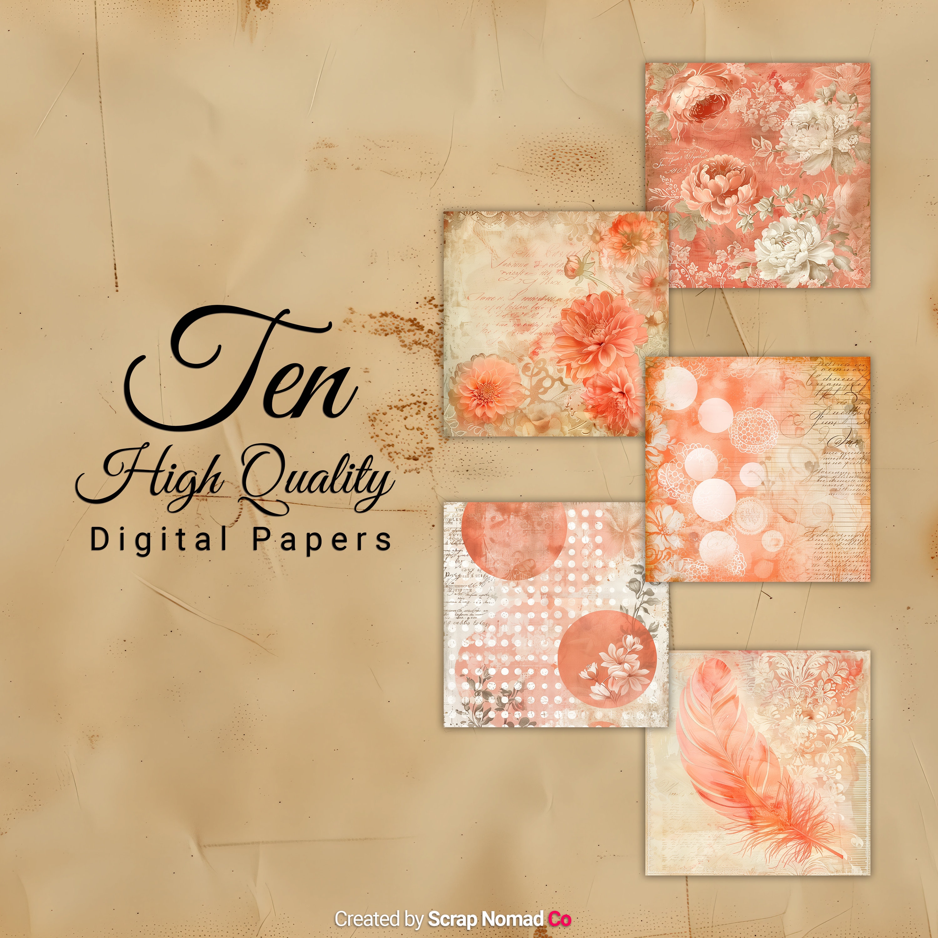 Vintage Coral and Peach Digital Paper Collection, Bundle of Scrapbook ...