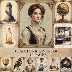 May include: A selection of steampunk-style images, featuring a woman in period clothing, a lighthouse, a hot air balloon, and a mechanical bird. The text "Steampunk Inventor - 116 Pages" is visible.