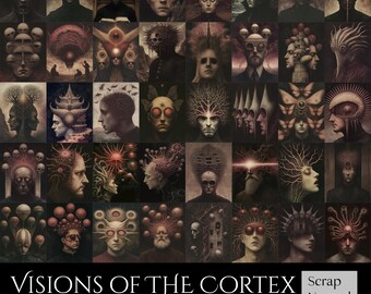 May include: A digital art collection of 45 surreal and abstract designs featuring a variety of imagery, including faces, eyes, and other abstract shapes. The designs are in a dark, moody color palette and have a vintage, psychedelic feel. The collection is titled "Visions of the Cortex" and is available for commercial use.