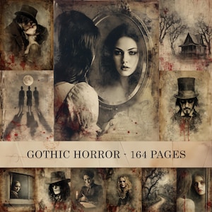 May include: A collection of gothic horror art prints with a vintage aesthetic. The images feature scenes of romance, figures in top hats, a woman looking in a mirror, and a haunted house. The text "GOTHIC HORROR - 164 PAGES" is displayed.