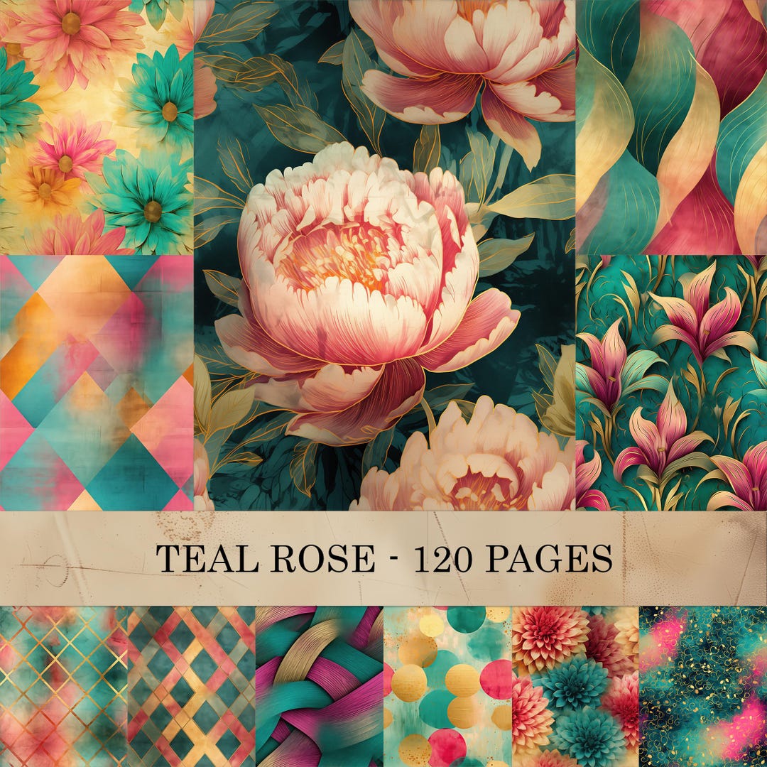Teal Roses Digital Teal Rose Digital Paper Pack, Pink Teal Floral Scrapbook Pages, Gold ...