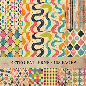Retro Muster Digitales Papier, Vintage Boho Muster Journal Seiten, Paisley Damast Scrapbook Hintergründe, Bunte Distressed Art Sheets