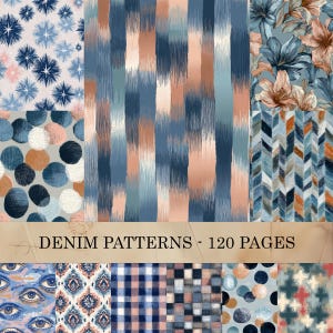 May include: A collection of denim patterns in various designs. The patterns include floral, geometric, and abstract styles in shades of blue, pink, and brown. The text "DENIM PATTERNS - 120 PAGES" is displayed across the image.