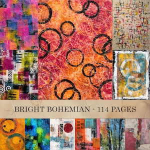 Könnte beinhalten: Eine Sammlung abstrakter Kunstwerke mit lebendigen Farben und Texturen. Die Kunstwerke umfassen kräftige Pinselstriche, kreisförmige Muster und Mixed-Media-Elemente. Der Text "BRIGHT BOHEMIAN - 114 PAGES" ist zu sehen.