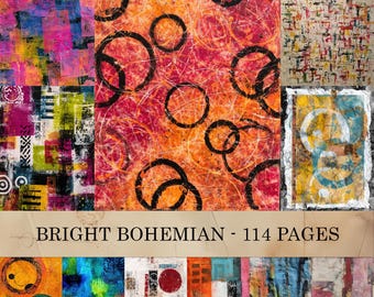 May include: A collection of abstract art pieces with vibrant colors and textures. The artwork includes bold brushstrokes, circular patterns, and mixed media elements. The text "BRIGHT BOHEMIAN - 114 PAGES" is displayed across the image.