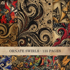 Può includere: Una collezione di motivi artistici caratterizzati da vortici decorati, linee complesse e vivaci tavolozze di colori tra cui rosso, oro, blu e nero. Un banner centrale mostra il testo ORNATE SWIRLS - 135 PAGES sopra l'immagine.