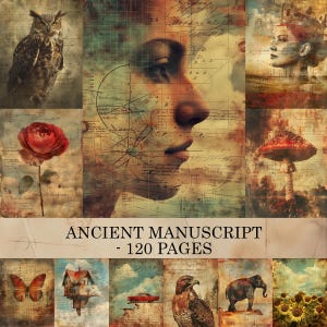 Könnte beinhalten: Eine Collage von Illustrationen im Vintage-Stil mit einer Eule, einer Rose, einem Frauenprofil und einem Pilz. Das zentrale Bild ist ein menschliches Profil, das mit Karten und Schrift überlagert ist. Der Text "ANCIENT MANUSCRIPT - 120 PAGES" wird angezeigt.