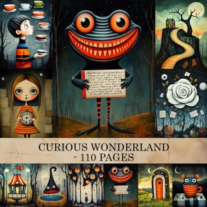 May include: A collection of whimsical illustrations with a curious theme. The artwork features a smiling creature holding a book, a girl with a clock, and other surreal scenes. The text "CURIOUS WONDERLAND - 110 PAGES" is displayed at the bottom.