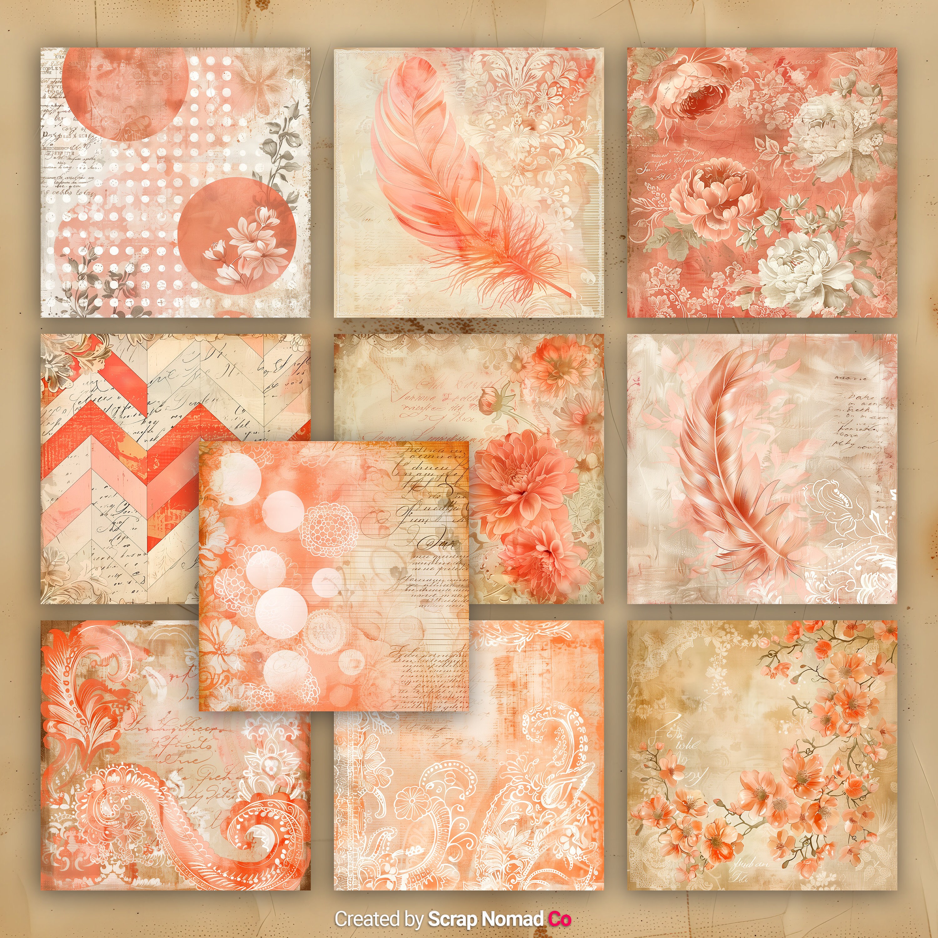 Vintage Coral and Peach Digital Paper Collection, Bundle of Scrapbook ...