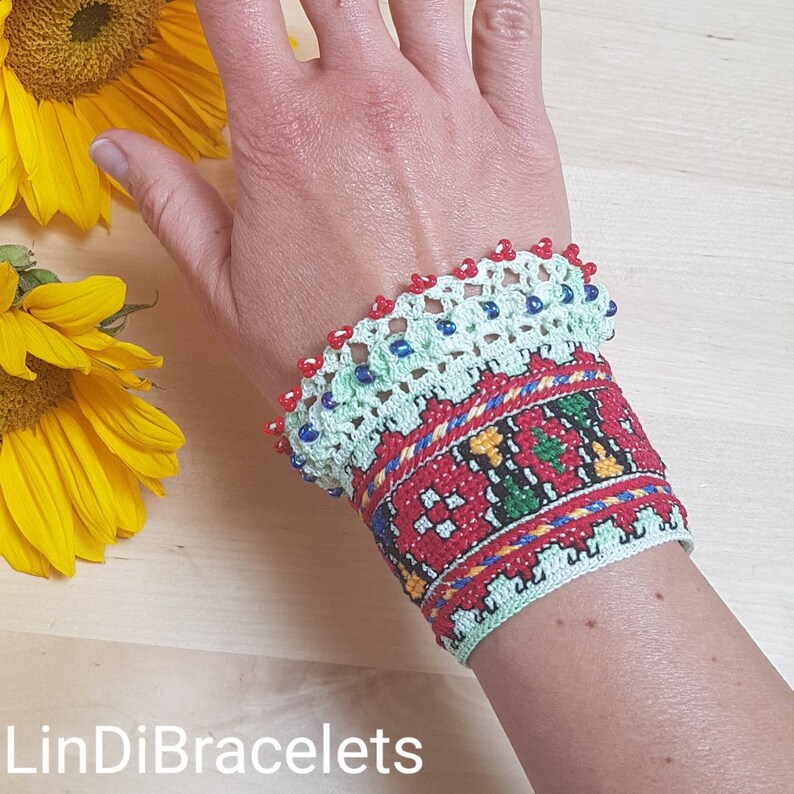 Crochet Bracelet with Embroidery And Beads Unique Bracelet Crochet Jewelry Handmade Cuff Bracelet Boho Chic Bohemian Renaissance afbeelding 2