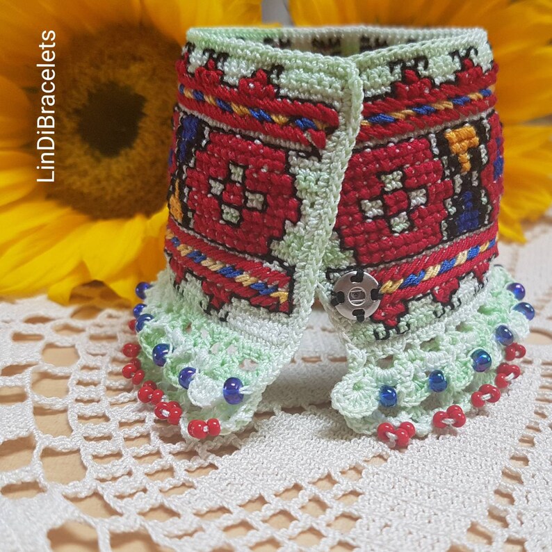 Crochet Bracelet with Embroidery And Beads Unique Bracelet Crochet Jewelry Handmade Cuff Bracelet Boho Chic Bohemian Renaissance afbeelding 5